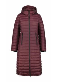 Mørkerød polstret vinterjakke med hætte, der har lodret quilted design og lynlåslommer, lavet af letvægts, vandafvisende materiale.