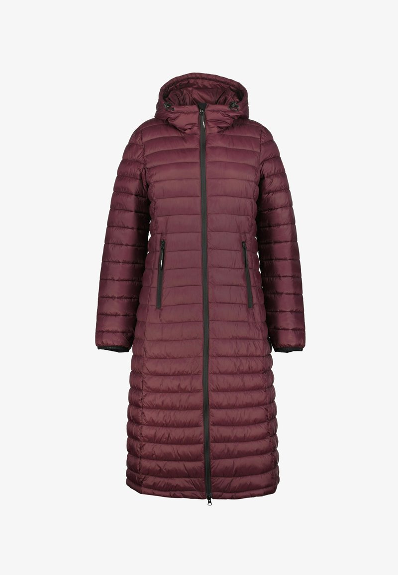 Mørkerød polstret vinterjakke med hætte, der har lodret quilted design og lynlåslommer, lavet af letvægts, vandafvisende materiale.