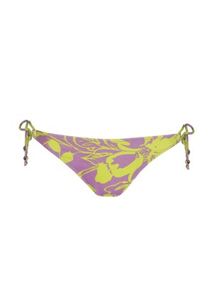 Bas de bikini à motif floral rose et vert néon, avec des liens de chaque côté ornés de perles décoratives. Fabriqué en tissu texturé.