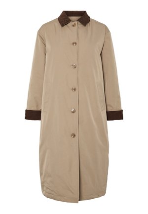 Beige Mantel mit braunem Cordkragen, vorderer Knopfverschluss, langen Ärmeln und seitlichen Taschen. Glatter Stoff mit einem knielangen Design.