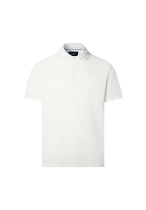 Polo bianca in cotone, con colletto classico, maniche corte, pattina con cinque bottoni e discreto logo sul petto.