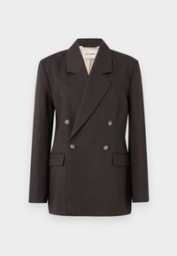 Blazer marron foncé à double boutonnage avec revers en pointe, deux poches avant à rabat et six boutons, présenté sur un fond neutre.