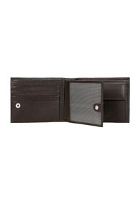 Portafoglio in pelle marrone con più scomparti per carte, una finestra trasparente per l'ID e una chiusura a scatto. Texture liscia, forma rettangolare.