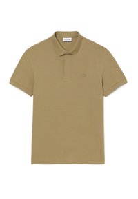 Khaki polo tričko s krátkými rukávy, žebrovaným límcem a malým vyšitým logem na hrudi. Měkká bavlněná látka s hladkým povrchem.
