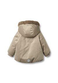 Beżowy płaszcz z korduru z puszystym brązowym kapturem. Posiada elastyczne mankiety i okrągłe logo z tyłu. Miękka tekstura, swobodny design.