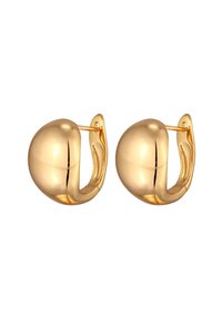 Goldene Creolen mit einem abgerundeten, glatten Design, einer polierten Oberfläche und einem sicheren Verschluss.