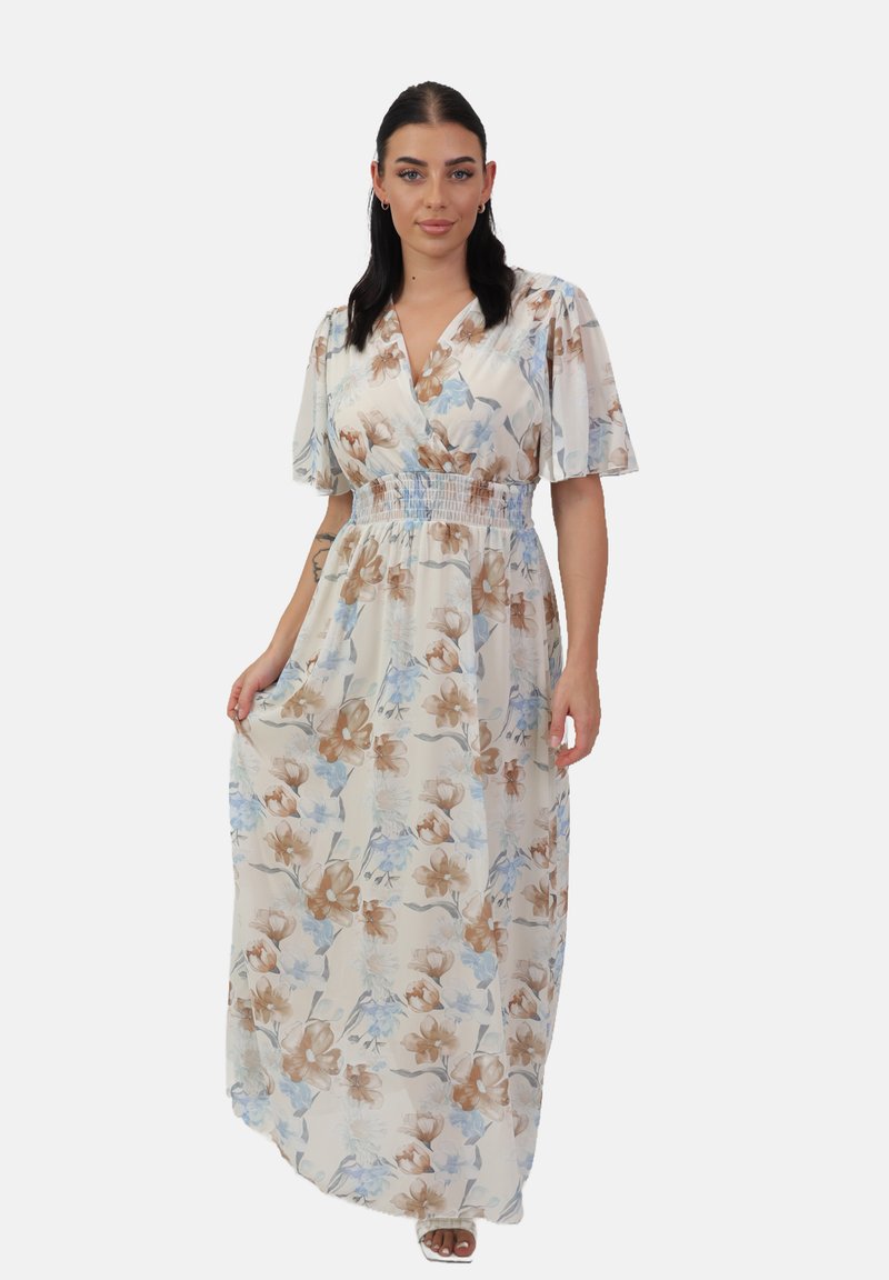 Robe maxi en tissu léger, ornée d'un motif floral avec des fleurs beiges et bleues, un décolleté en V profond et une taille élastique pour un style ajusté.