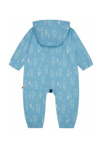 Blaue wasserdichte Latzhosen mit einem Seepferdchen-Muster, ausgestattet mit einer Kapuze, langen Ärmeln, elastischen Bündchen und einem Reißverschluss auf der Rückseite für ein einfaches An- und Ausziehen.