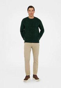 Rohelise soonikkoega kampsun tekstuurse mustriga, kantud koos beežide pükste ja pruuni tossudega, millel on burgundi toonid.