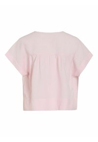 Blouse rose clair à manches courtes, coupe ample avec un détail froncé sur le haut du dos, vue de dos.