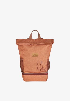 Orange fabric backpack with a fold-over top, featuring a horse graphic, mesh side pockets, and a front zip compartment. Durable and structured design.