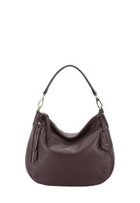Leren handtas in bordeaux, hobo-stijl met een gebogen vorm. Voorzien van een afneembare schouderriem, een ritsvak en een gestructureerde afwerking. Gouden hardware-accenten.