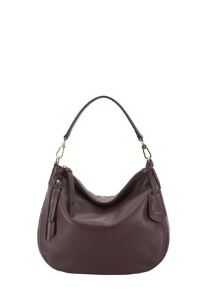 Burgunderfarbene Lederhandtasche im Hobo-Stil mit einer geschwungenen Form. Verfügt über einen abnehmbaren Gurt, eine Reißverschlusstasche und eine strukturierte Oberfläche. goldene Hardware-Akzente.