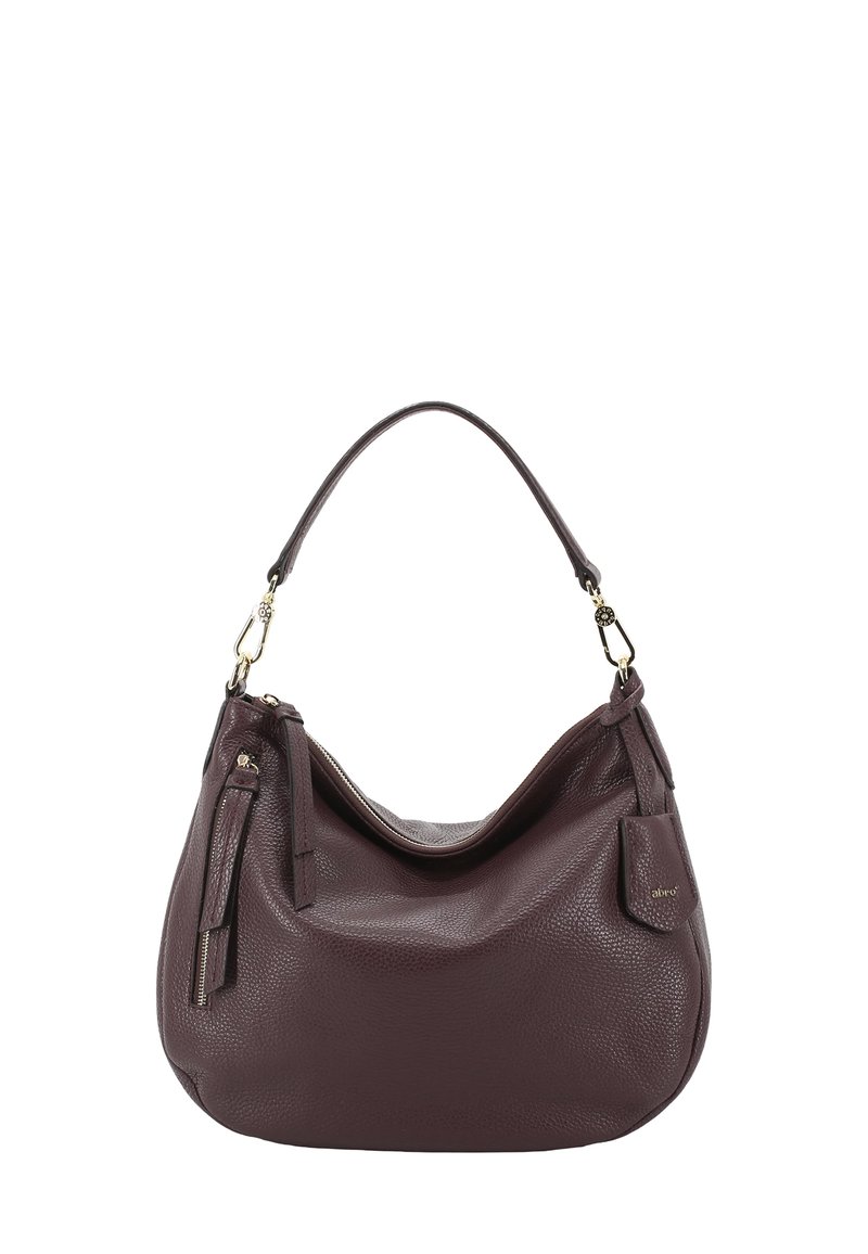 Leren handtas in bordeaux, hobo-stijl met een gebogen vorm. Voorzien van een afneembare schouderriem, een ritsvak en een gestructureerde afwerking. Gouden hardware-accenten.
