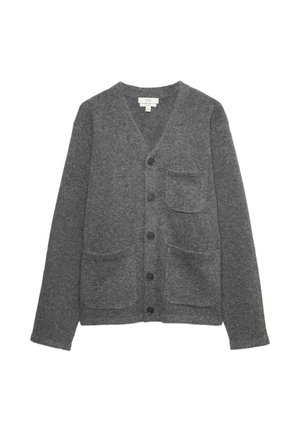 Cardigan in lana grigia con scollo a V, cinque bottoni e due tasche frontali. Caratterizzato da una consistenza morbida e una vestibilità rilassata.