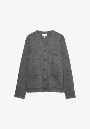 Cardigan in lana grigia con scollo a V, cinque bottoni e due tasche frontali. Caratterizzato da una consistenza morbida e una vestibilità rilassata.