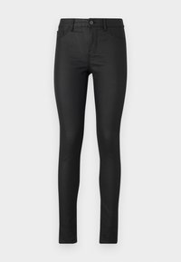 Jean skinny noir fabriqué dans un tissu lisse et extensible. Il comporte une fermeture éclair et un bouton à l'avant, cinq poches et des détails de couture minimalistes.