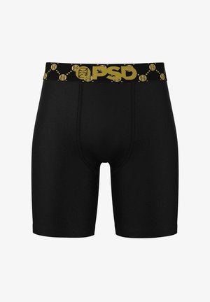 Black boxer briefs with a gold logo waistband, featuring smooth fabric and a fitted design with flat seams for comfort.