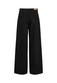 Pantalon en denim noir à jambes larges avec une taille haute, doté d'une étiquette à la ceinture arrière, de deux poches arrière, et d'un ourlet fini propre.