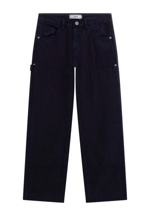 Schwarze weit geschnittene Baumwollhosen mit zwei vorderen Taschen, Knopfverschluss und silberfarbener Hardware-Bedienung an den Knien.