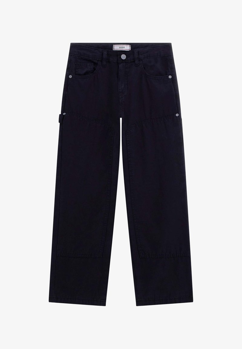 Pantalons larges noirs en coton, avec deux poches avant, fermeture à bouton et accents en métal argenté aux genoux.