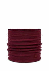 Burgundy tubular neck warmer made of stretchy fabric with a textured finish; features a small logo tag on one side.