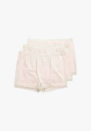 Ensemble de trois shorts en coton beige clair avec une taille élastique, ornés de dentelle le long de l'ourlet pour une touche décorative.
