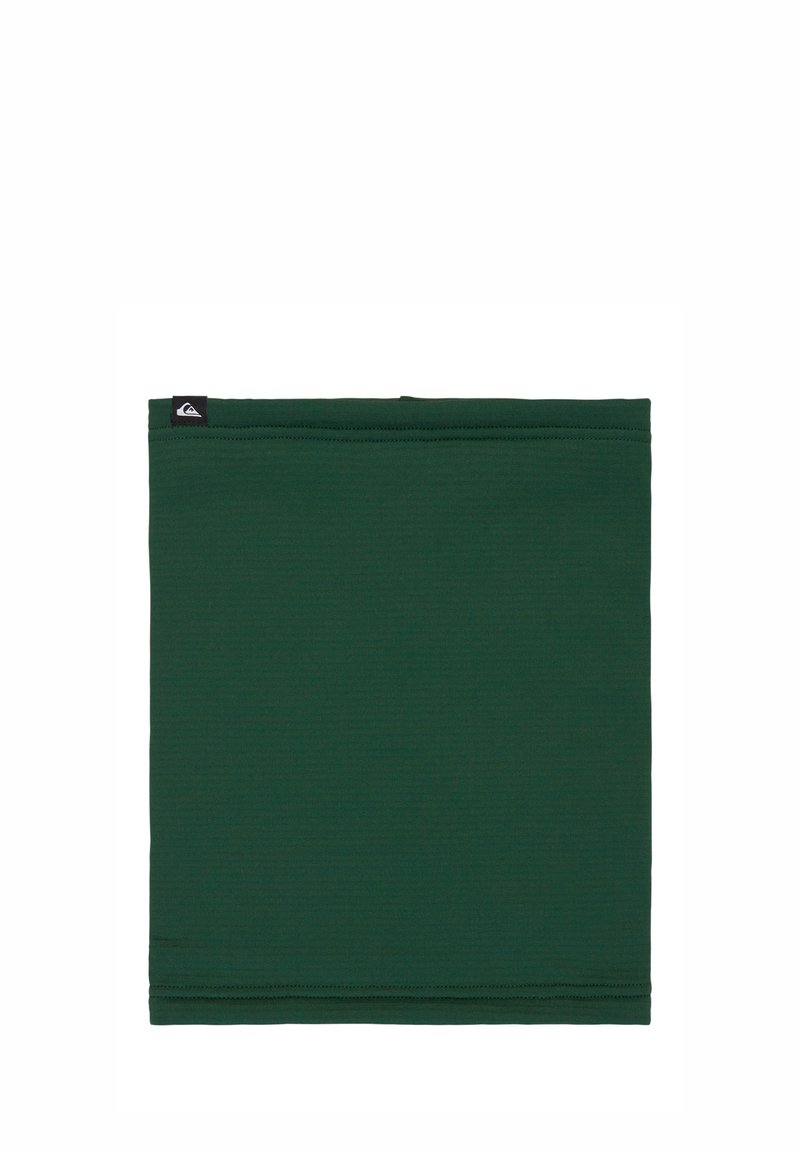 Gaiter de cuello verde hecho de un tejido suave y elástico. Presenta una etiqueta de logo negra en un lado y costuras planas a lo largo.