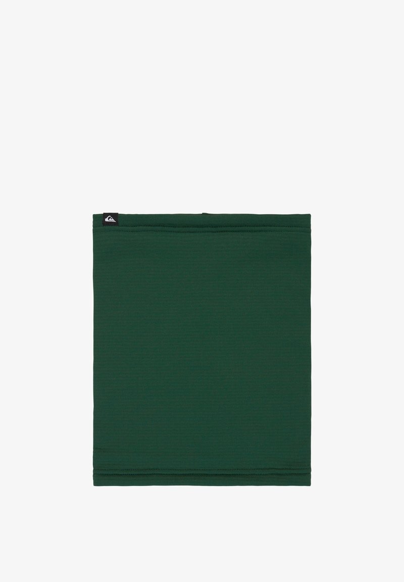 Groene nek gaiter gemaakt van glad, rekbaar stof. Het heeft een zwart logo-label aan één kant en platte naaddetails overal.