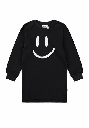Sort langærmet sweatshirt med hvidt smilende ansigtsdesign foran og rund halsudskæring.