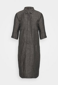 Tmavě šedé lněné šaty s límečkem, rukávy třičtvrtě a knoflíkovou légou. Mají rovný střih a minimální detaily.