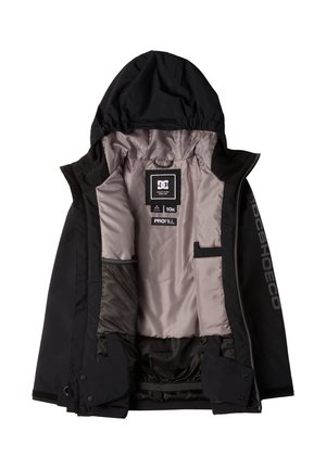 Veste imperméable noire avec doublure grise, capuche réglable, poches multiples et grand logo. À l'épreuve du vent, elle est fabriquée en tissu respirant et dispose de zips sécurisés.