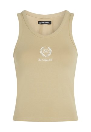 Top sin mangas beige, fabricado con tejido suave y con un escote redondo. Presenta un logo bordado en blanco y un diseño de laurel en la parte delantera.