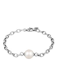 Silver kedja armband med en slät, rund vit pärla i mitten, med en s�äker lobsterlås och minimalistisk design.