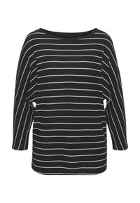 Schwarzer Pullover mit langen Ärmeln, der weiße horizontale Streifen am Körper und vertikale Streifen an den Ärmeln hat, mit einem Rundhalsausschnitt.