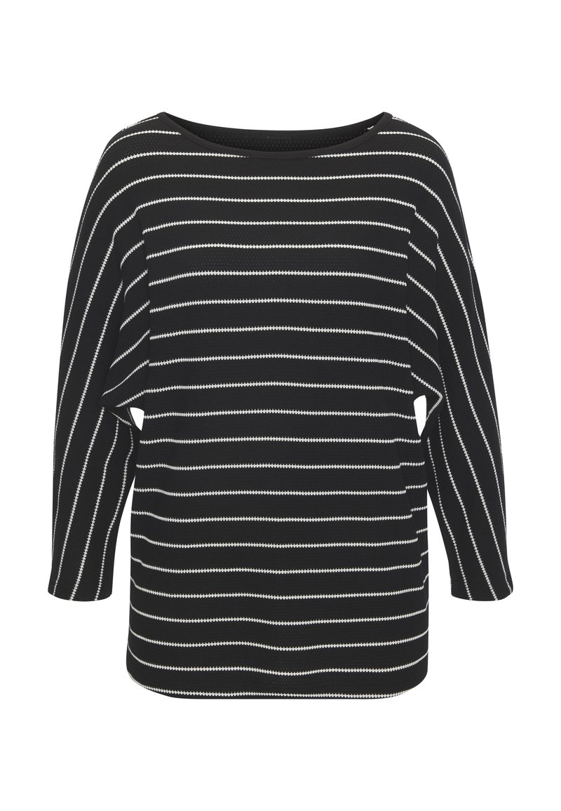 Schwarzer Pullover mit langen Ärmeln, der weiße horizontale Streifen am Körper und vertikale Streifen an den Ärmeln hat, mit einem Rundhalsausschnitt.