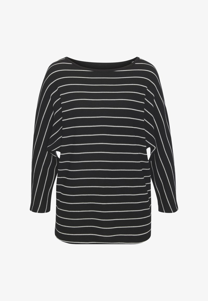 Schwarzer Pullover mit langen Ärmeln, der weiße horizontale Streifen am Körper und vertikale Streifen an den Ärmeln hat, mit einem Rundhalsausschnitt.