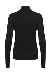 Pull noir à manches longues avec un col montant, fabriqué à partir d'un tissu texturé et métallisé. Dispose de manches ajustées et d'un ourlet lisse.