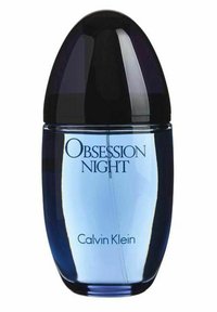 Sininen lasinen tuoksupullo, jossa on pyöreä pohja, kapeneva kaula ja tumman pyöreä korkki. Etupuolella on tekstit "Obsession Night" ja "Calvin Klein."