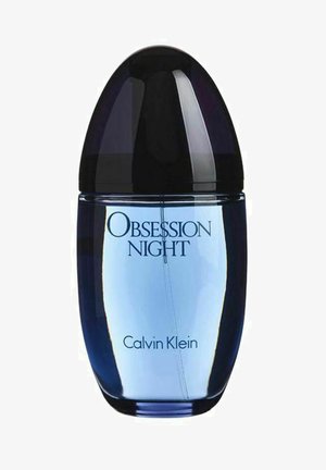 Blå glasparfymflaska med en rundad bas, avsmalnande hals och ett mörkt, runt lock. Framsidan har texten "Obsession Night" och "Calvin Klein."