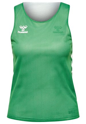 Grøn mesh atletisk tanktop med rund hals, der har hvide sideelementer og et logo foran. Let og åndbar stof.