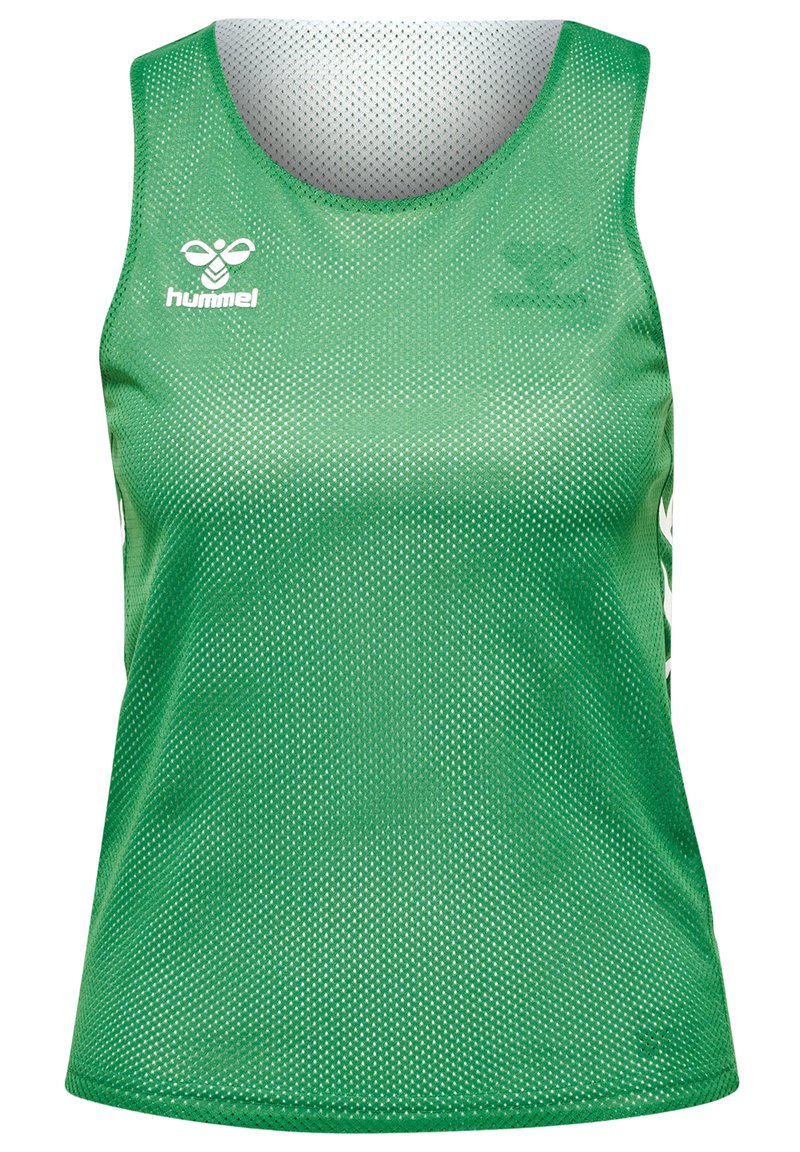 Groene mesh sporttanktop met een ronde halslijn, voorzien van witte zijaccenten en een logo op de voorkant. Lichtgewicht en ademend materiaal.