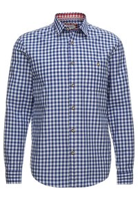 Herren Langarm-Hemd mit blau-weißen Karomuster und Brusttasche, mit braunen Knöpfen und einem gemusterten Kragenfutter.