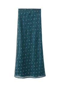 Falda verde azulado con una tela texturizada que presenta un patrón floral repetido. Diseño recto y bordes dobladillados. Ligera y fluida.