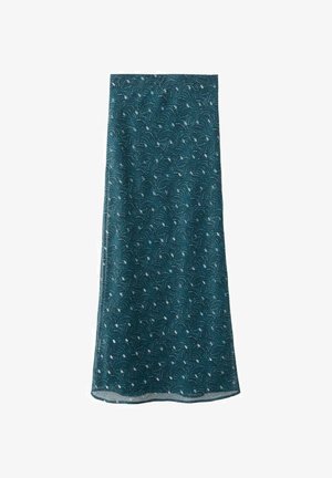 Turkusowa spódnica z teksturowanej tkaniny z powtarzającym się wzorem kwiatowym. Prosty krój i wykończone brzegi. Lekka i zwiewna.