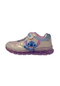 Sneakers sintetici rosa chiaro con un design di personaggi dei cartoni blu e viola, dotati di una fascia in velcro e una suola traslucida viola.