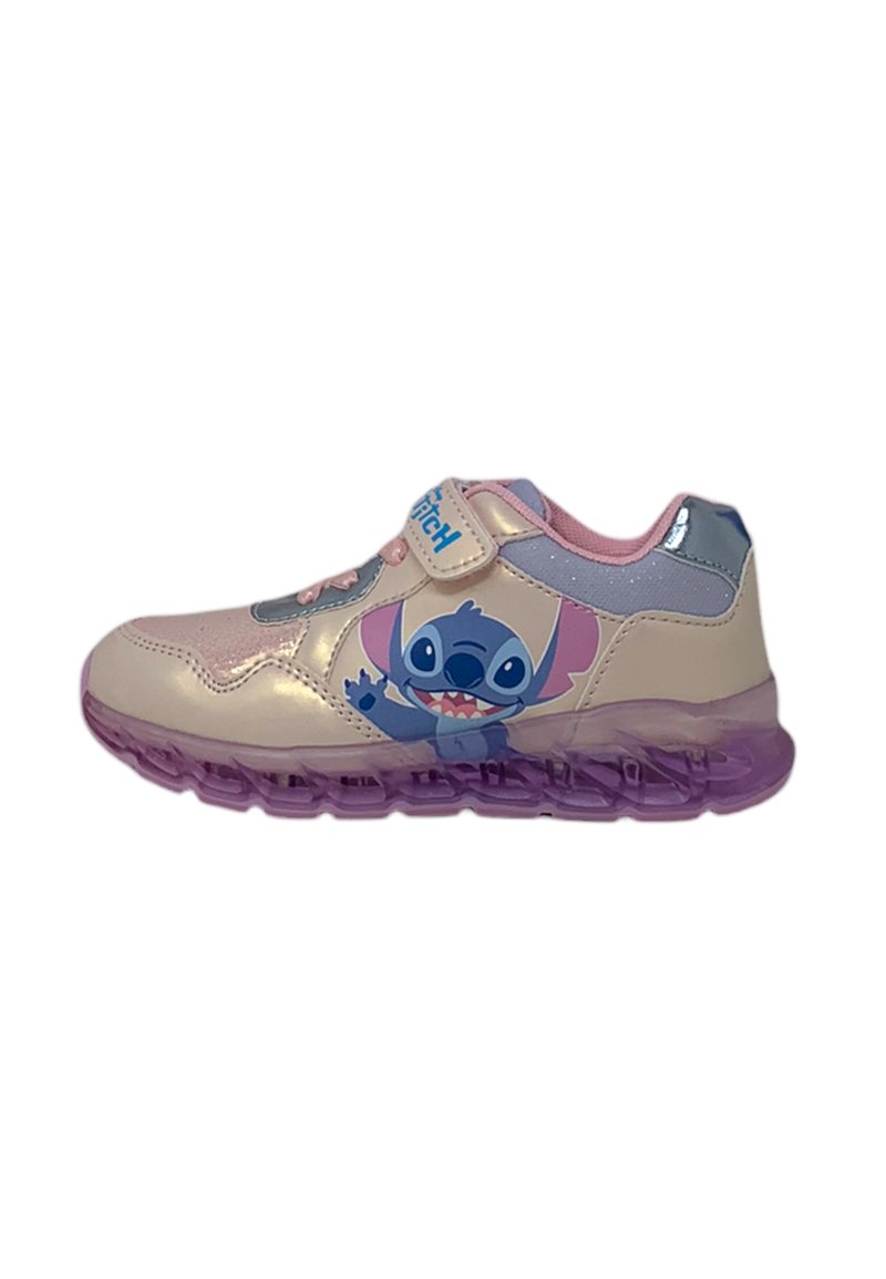 Sneakers sintetici rosa chiaro con un design di personaggi dei cartoni blu e viola, dotati di una fascia in velcro e una suola traslucida viola.