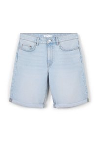 Shorts in denim azzurro chiaro con orli arrotolati, dotati di quattro tasche e chiusura a un bottone. Texture liscia con un leggero effetto sbiadito.