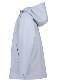 Light blue waterproof jacket with a hood, featuring a straight cut, side pocket, and buttons at the cuff. Smooth texture.