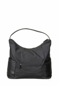 Sac à bandoulière en tissu noir avec un dessus incurvé, une seule sangle, deux poches avant zippées et un accent texturé sur le côté inférieur.